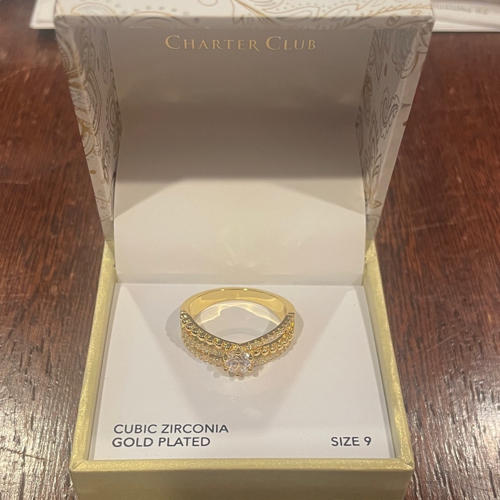 Charter Club Women's Triple-Row Cubic Zirconia Gold plated Band Ring. Sz 9. NWT